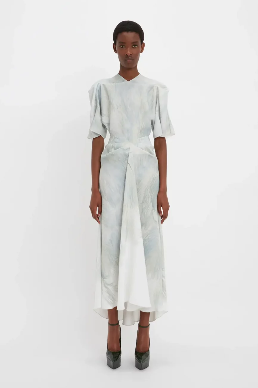 Drape Sleeve Midi Dress In White Digital Feather Print